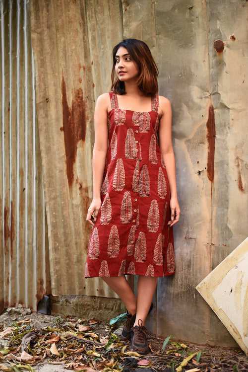 Maroon Ajrakh Print Cotton Buttoned Down Dress