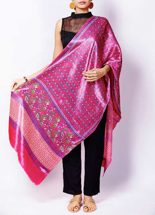 Magenta Mashru with Block Print Handloom Dupatta