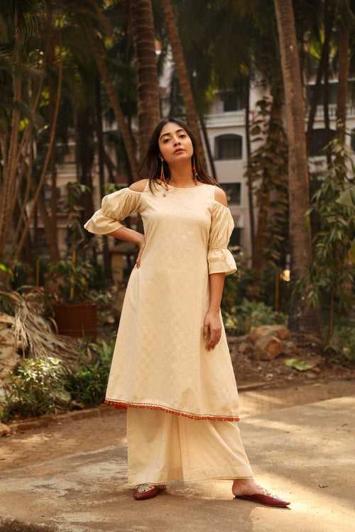 White Off shoulder Butti Cotton Set