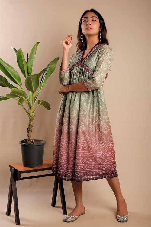 Green and Brown Bandhani Kurti (30% Off)