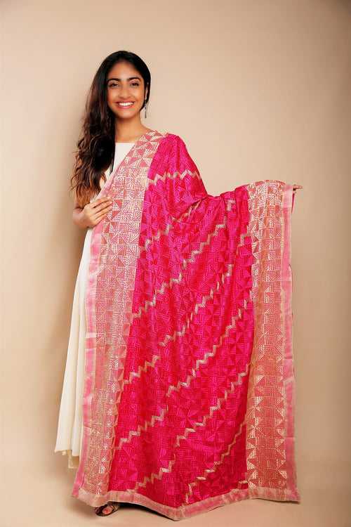 Pink and Golden Phulkari Heavy Bagh Embroidered Chinnon Chiffon Dupatta