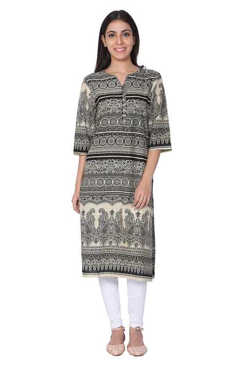 Black And White Hand Block Print Cotton Kurti