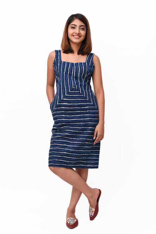 Blue Block Print Stripe Cotton Dress