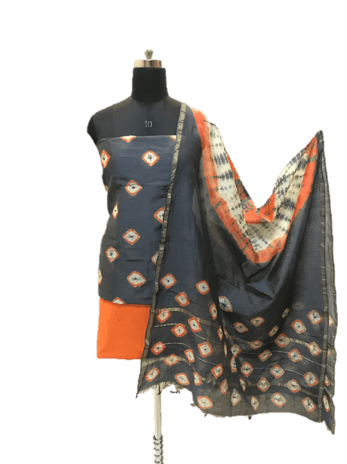 Grey And Orange Shibori Chanderi Dress Material Set