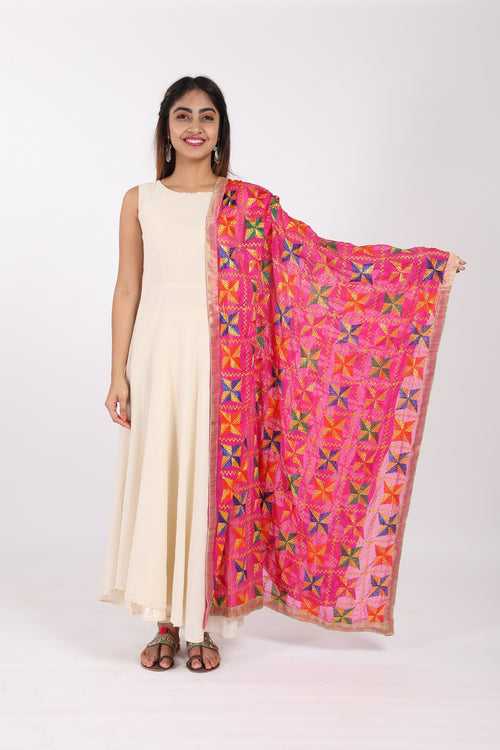 Pink Phulkari Pakha Embroidered Chiffon Dupatta