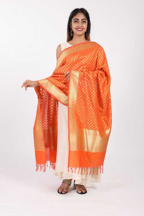 Orange Katan Silk Handloom Banarasi Dupatta