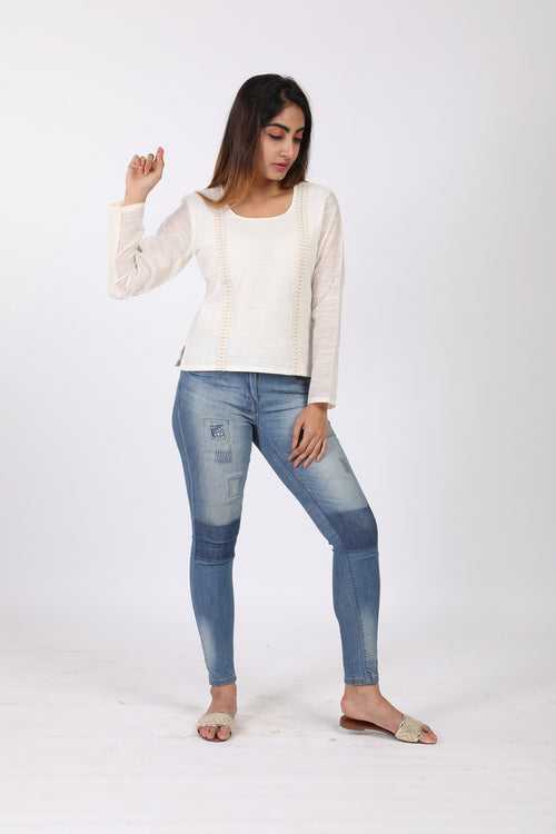 White Resham Slub Top