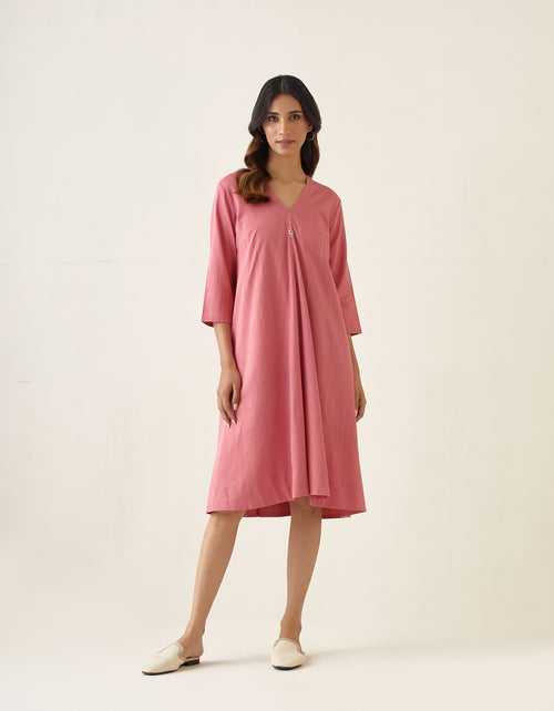 Rose Pink Flared Dress in Cotton Glaze