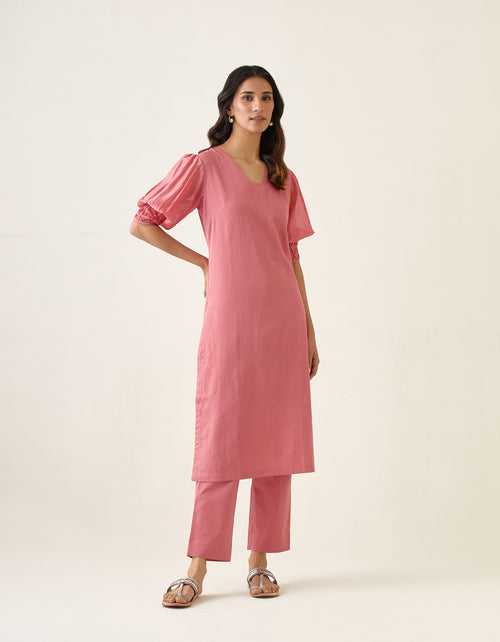 Rose Pink Kurta Set with Smocking Details, In Cotton Glaze & Chanderi (Set of 2)