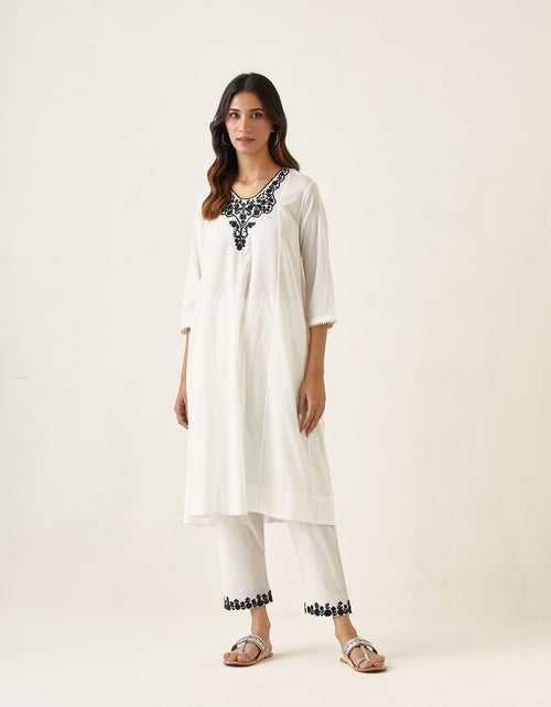 Embroidered A Line Paneled Kurta and Salwar in White Cotton (Set of 2)