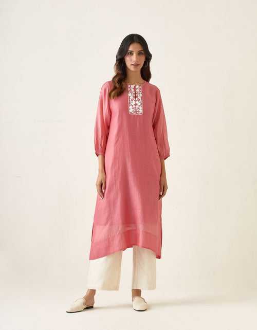 Embroidered A line Chanderi kurta in Rose Pink, with Off White Pants and Slip (Set of 3)