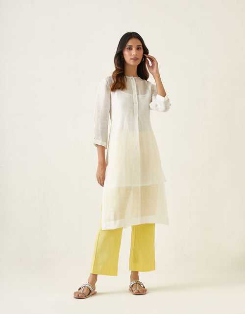 Off White Linen Silk Kurta with Maize Yellow Cotton Glaze Pants & Slip (Set of 3)