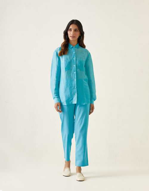 Coordinate Set- Pastel Blue Linen Shirt with Cotton Glaze Pants (Set of 2)