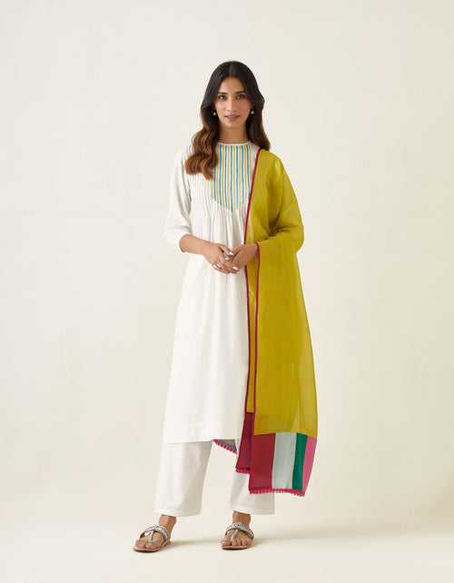 Embroidered Pin tucks Kurta with Salwar in Off White Cotton and Chanderi Handloom Dupatta in Lime (Set of 3)