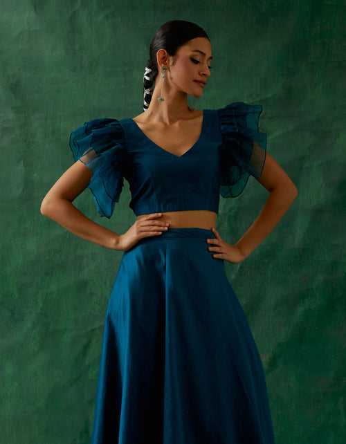 Teal Chanderi Blouse with Ruffled Sleeves