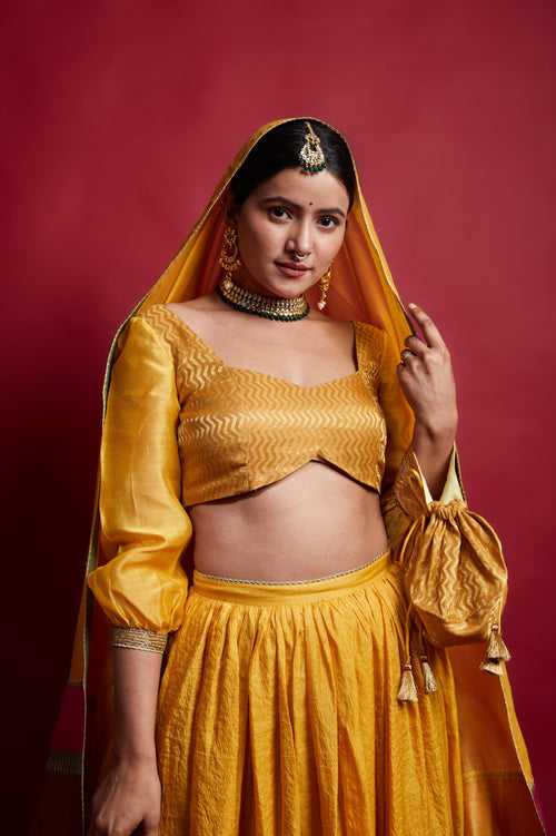 Turmeric Yellow Smocking Blouse in Zari & Chanderi Handloom