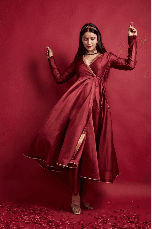 Maroon Anarkali Kurta & Pinstripe Pants in Chanderi Handloom & Gold Zari (Set of 2)