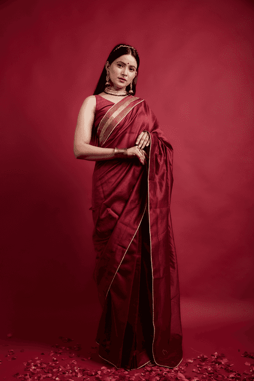 Ready to Wear Saree in Maroon Chanderi Handloom with Embroidered Lace details