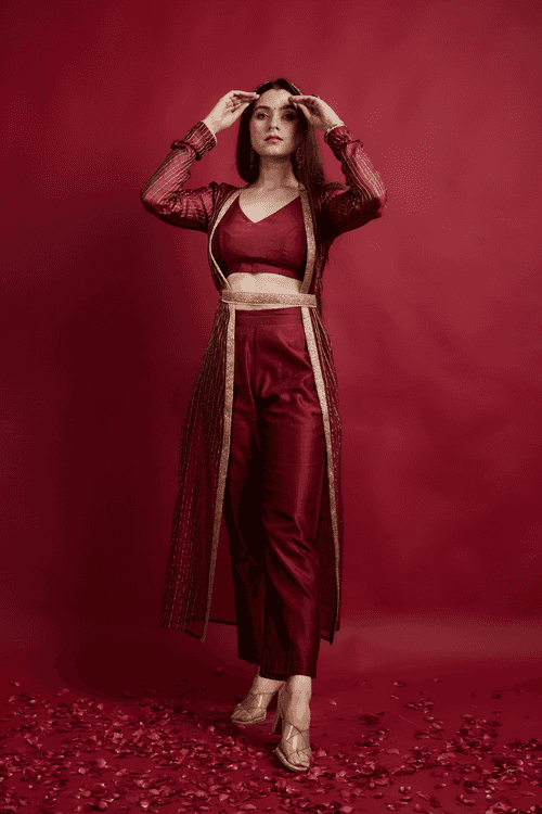 Coordinate Set- Top & Pant Set with Long Shrug Jacket in Chanderi Handloom (Set of 3)