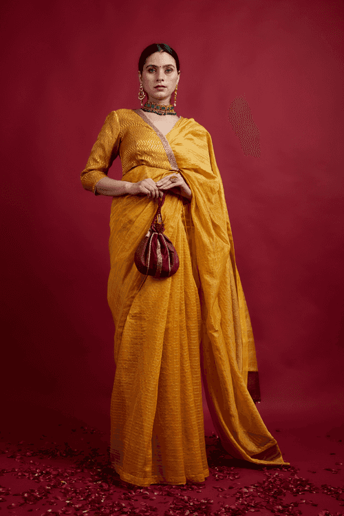 Turmeric Yellow & Gold Stripes Saree in Chanderi Handloom