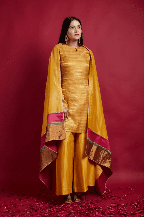 Zigzag Zari Weave Kurta, Palazzo with Dupatta in Turmeric Yellow Chanderi Handloom (Set of 3)