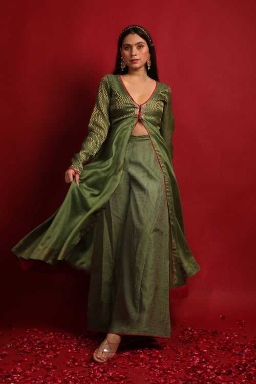 Olive Green Front Open Anarkali with Palazzo in Chanderi Handloom (Set of 3)