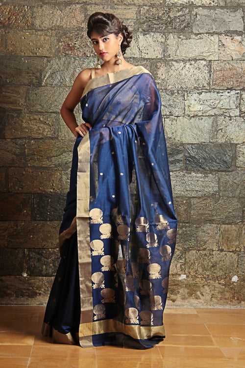 Chanderi Hand Loom Mercerized Silk Saree in Navy Blue