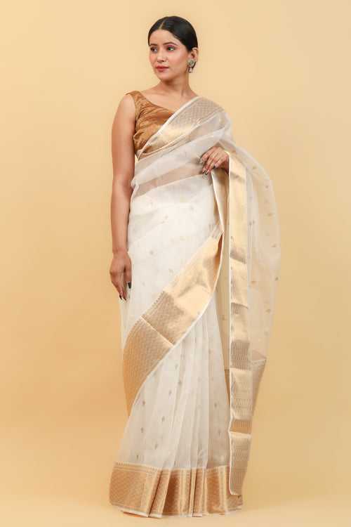 White & Gold Handwoven Katan Silk Saree with Jacquard Border & Motifs