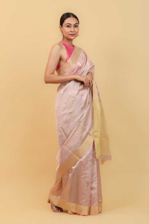 Rose Gold Handwoven Pattu Silk Saree with Meenakari Motifs