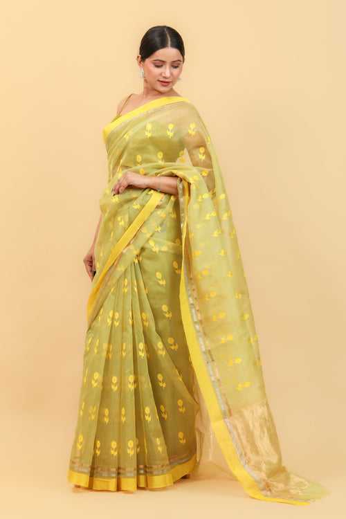 Lime Handwoven Katan Silk Saree With Yellow Border & Motifs