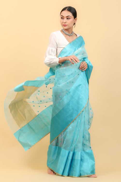 Sky Blue Handwoven Katan Silk Saree With Broad Border & Blue motifs