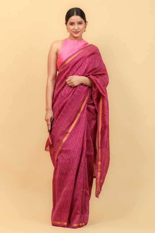 Magenta Chanderi Saree With Hand Block Print & Pencil Border