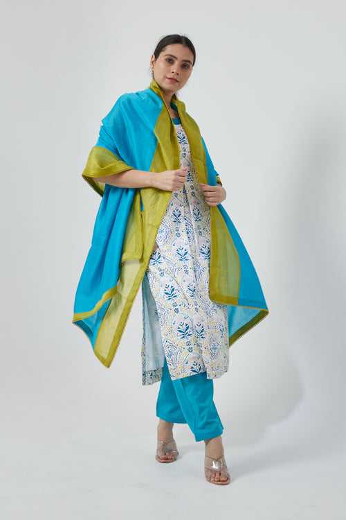 Razor Back Kurta & Salwar in Cotton Hand Block Print with Chanderi Handloom Dupatta in Aqua Blue (Set of 3)