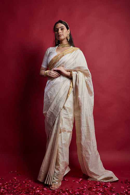 Ivory & Gold Ready to Wear Saree with  Embroidered Lace details in Chanderi Handloom