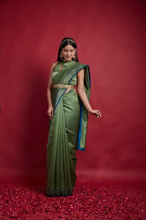 Coordinate Set- Olive Green & Gold Stripes Saree with Blouse in Chanderi Handloom (Set Of 2)