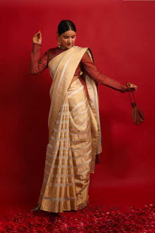 Handcrafted Gold Stripe Zari Saree with Maroon Blouse in Chanderi Handloom (Set of 2)