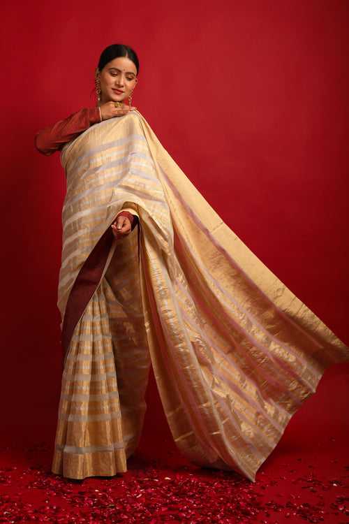 Handcrafted Gold Stripe & Ivory Zari Saree (Handloom)