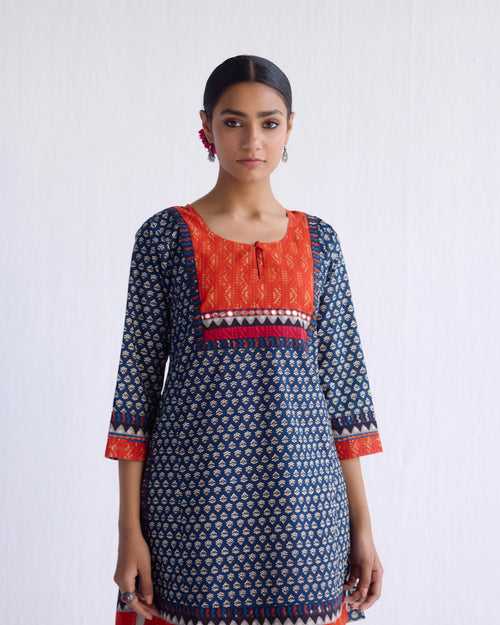 Yoke Kurti Indigo Cream Orange