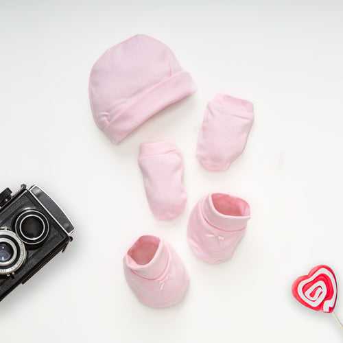 Premium cotton mittens, cap, and booties set - Pink