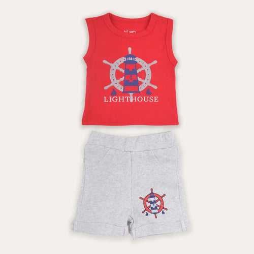 Dr.Leo Sleeveless T-shirt with Shorts - White & Red Combo