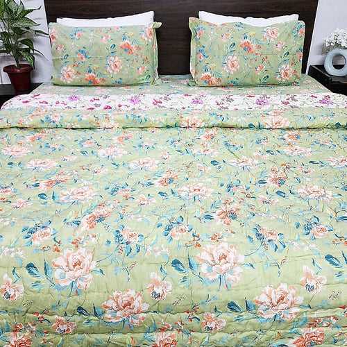 Green Floral Quilt Bedding Set