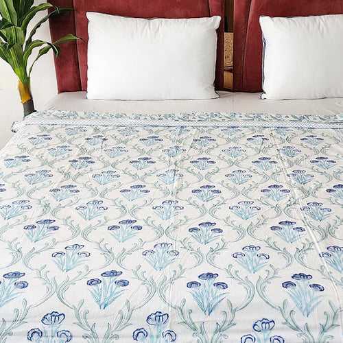 Blue Floral Beauty Hand Blocked Reversible Single Dohar