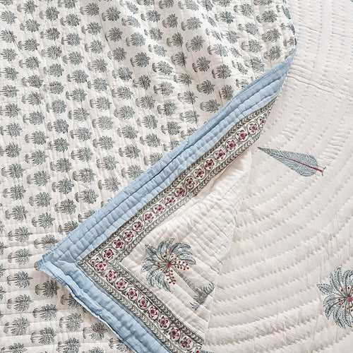 Bluish Grey Cypress Motif Hand Blocked Quilt