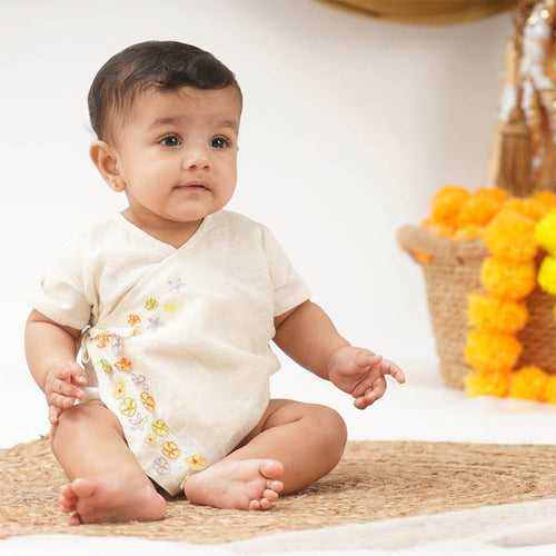 Baby Maheshwari Handwoven Cotton Silk Kimono Bodysuit - Mogra