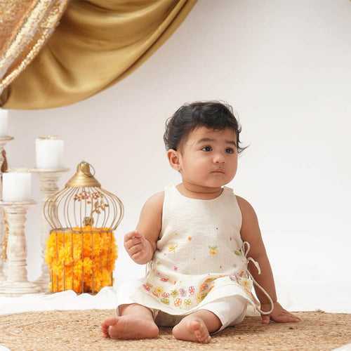 Baby Girl Maheshwari Handwoven Cotton Silk Kurta & Pant Set - Nargis