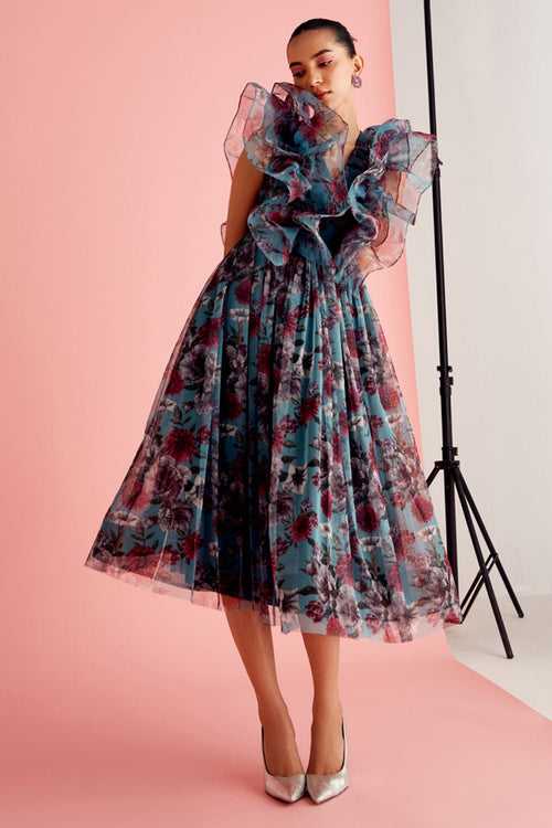 Botanic Ruffled Tulle Midi Dress