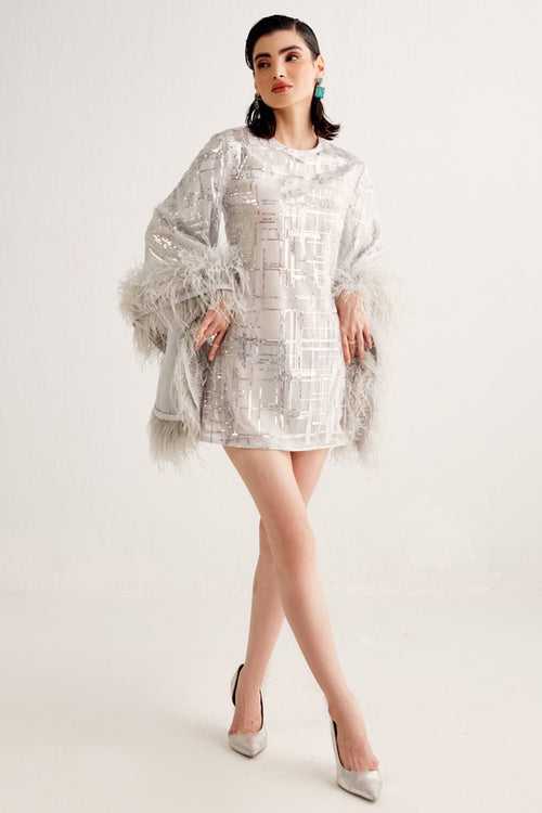 Grey Sequin Feather Mini Dress
