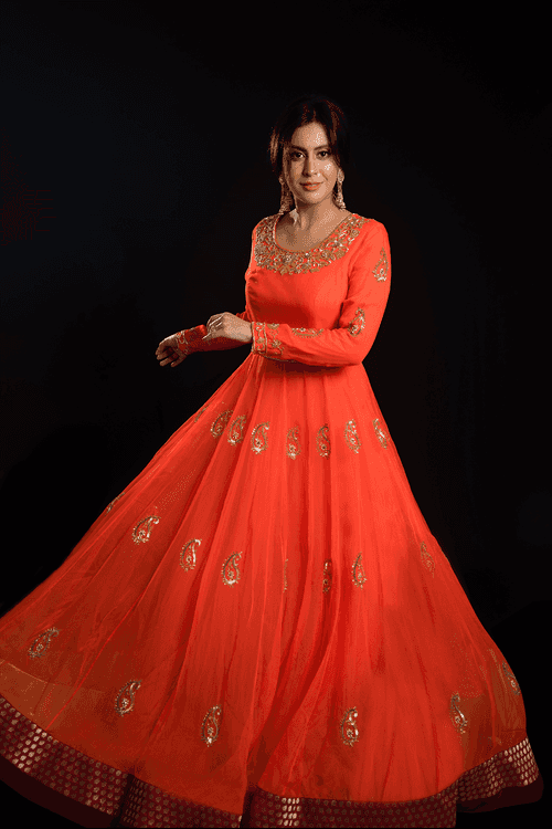 Orange Princess Cut Embroidered Anarkali