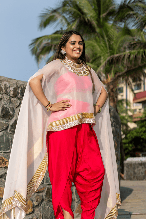 Pink Crape Dhoti Set With Cape