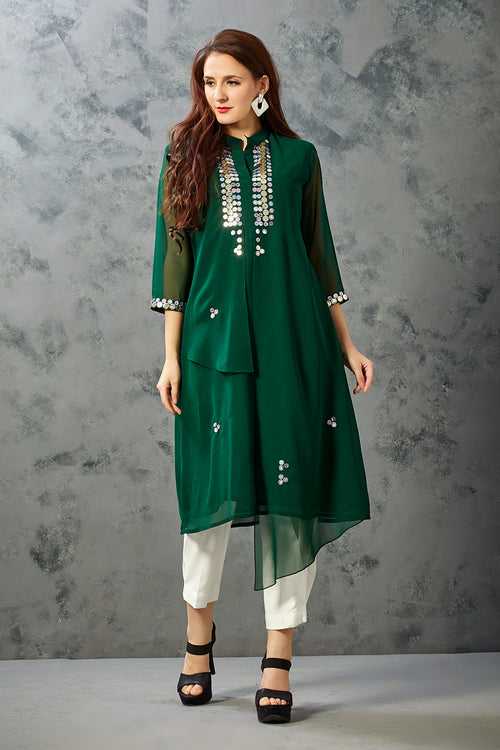 Green Cowled Kurta with Pleated Trousers